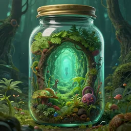 microcosm inside a pickle jar, sentient life, portal to new dimension, lush vegetation, alien ecosystem, artgerm, artstation, 8 k, greg rutkowski, ultra detailed,