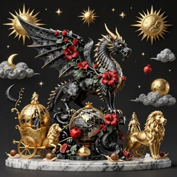tilt shift, italian masterpiece, wyvern, wind rose, Ashford Black Marble, sculpture, baroque,  draped with red Hibiscus and vines and spines, marble and gold, space, stars, clouds, suns, moons, drapes, fruits, Obsidian, pomegranade, armour, medieval globe, portrait, mage, centaur, siren, lion, chariot, snails, render, artstation, ultra detailed