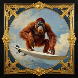 painting of orangutan on a surfboard surfing through the sky, by artgerm, by justin cheung, by greg hildebrandt, by wlop, charlie bowater, golden ratio, symmetric, elegant, ornate, luxury, elite, matte painting, cinematic, trending on artstation, deviantart and cgsociety, 8 k, high resolution