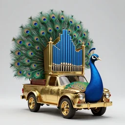 peacock - shaped steampunk peacock - shaped pickup truck with a tall brass baroque pipe organ on the back with blue, very tall brass organ pipes, organ pipes splayed in the back, green and purple, brass peacock, pipeorgan, hyper realism, studio lighting