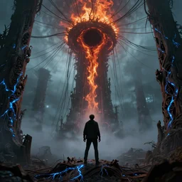devil, scary, magical area, foggy area, by greg rutkowski, sharp focus, man standing, tower, black hole sucking, fire, apocalypse, so many wires, glowing blue veins, wood carved, complementary color