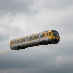 train flying through cloudy sky, beautifil composition