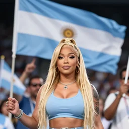 Argentina presidential rally Nicki Minaj forefront and a blurred Argentine flag waving behind her