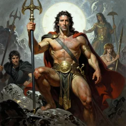 Olympus by Frank Frazetta, Greg Rutkowski, Boris Vallejo, epic fantasy character art, greek Nicolas Cage god, Exquisite detail, post-processing, masterpiece, cinematic