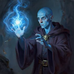 a wizard, young, bald and with no beard, with blue skin, missing his nose, casting a powerful spell, painted by Greg Rutkowski, trending on ArtStation