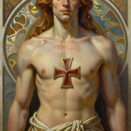 he - man!!!!!, closeup portrait, sci fi, fantasy, intricate, with german iron cross onbare chest, elegant, loin cloth, highly detailed, oill painting, artstation, concept art, matte, sharp focus, illustration, hearthstone, art by artgerm and greg rutkowski and alphonse mucha