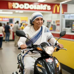 mother teresa riding a moped in mcdonald's drive thru