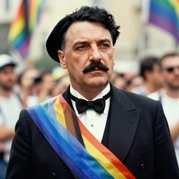 Mussolini at the gay pride, colourized, photograph, hyper detailed, award winning photograph, 8k