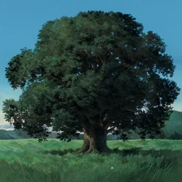 giant ash tree on grass landfield, low contrast, vintage, blue sidelight on trees, matte painting by pixar ghibli studio miyazaki ghibli