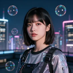 photographic portrait of a techwear woman with square floating bubbles in the background, closeup, on the rooftop of a futuristic city at night, sigma 85mm f/1.4, 4k, depth of field, high resolution, 4k, 8k, hd, full color