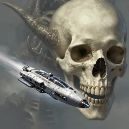 a spaceship flies past a skull of a colossal creature, in the style of wlop and greg rutkowski, illustration, epic, sci - fi, hyper detailed, smooth, unreal engine 5, sharp focus, ray tracing