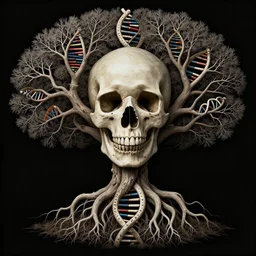 rooted tree resembling human skull! dna!, fantasy. precisionism, coherent symmetry, intricate dramatic environment by elsie driggs, peter blume, greg rutkowski