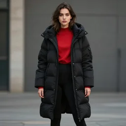 Alluring Girl in a jet black tuffle coat, and leggins, red shirt, realistic proportions, by artgerm and wlop, trending on artstation, HD, 16K