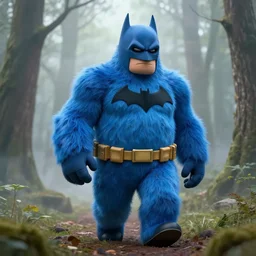 big blue furry batman monster walking in the misty forest, digital art, ultra detailed
