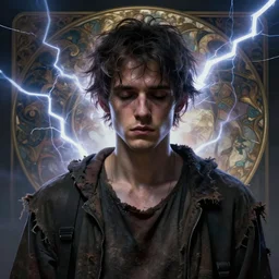 character concept portrait, symmetrical head-on centralized, tired young man wearing tattered clothes. Detailed, high quality, dynamic lightning, fantasy. Artwork by Artgerm, WLOP, Alex Ross, Greg Rutknowski, Alphonse Mucha