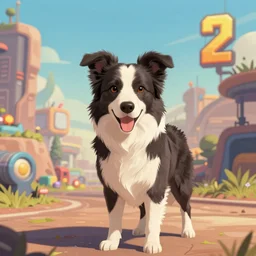 border collie dog in the style of borderlands 2. Border collie is in the centre of the frame. Borderlands 2 level background.