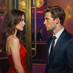 contemporary oil matte portrait painting, man in a suit next to vibrant new york club entrance eyeing a woman in a red dress, detailed faces, wonderful masterpiece highly detailed, beautiful cinematic light deep focus, elegant, smooth, sharp focus, golden ratio, dramatic illumination, ultra realistic, 8 k, art by nathan walsh and jimmy law