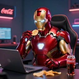 iron man sit in front of laptop and eating chips with coca cola inside gaming room, trending on artstation, highly detailed, sharp focus, digital art, 8 k