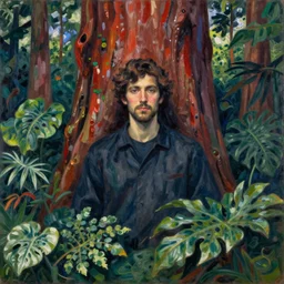 a portrait of a man enshrouded in an impressionist representation of mother nature and the meaning of life by william holman hung, the man is surrounded by detailed luscious botany and massive redwood trees by cuno amiet, thick watercolor brush strokes, portrait painting by daniel garber, vintage postcard illustration