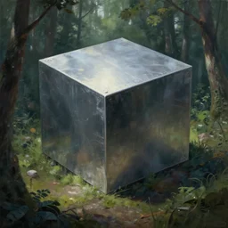 a giant metallic cube on the ground in the forest, realistic sci-fi painting by simon stålenhag, digital art, trending on artstation