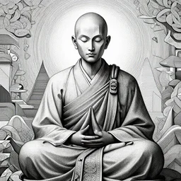 Geometrically surreal Artificial Intelligence monk, high detail, photorealistic, intricate line drawings, dotart, album art in the style of James Jean