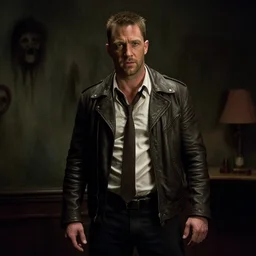 film still of Tom Hardy as Max Payne in a creepy funhouse in the Max Payne movie, 4k