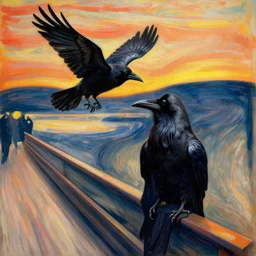 epic digital art, realistic, extreme detail, by edvard munch of artistic form coming into being as two elements are successfully fused, raven bird.