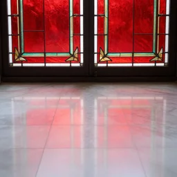 red stained glass windows cast a beautiful reflection on white marble floors below