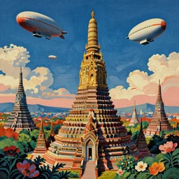 surreal glimpse into other universe, mahanakorn tower with airship floating n the sky, summer morning, very coherent and colorful high contrast, art by!!!! rene magritte!!!!, paul klee, geof darrow, volumetric lighting, cinematic, floralpunk screen printing woodblock, dark shadows, hard lighting, stipple brush technique,