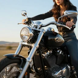 girl motocycle, chrome, reflect, ultra realistic!!!, clear weather, golden hour, sharp focus