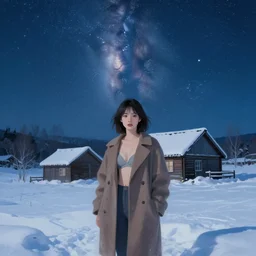 a beautiful girl in a coat and bra stands against the background of the snow - covered small house, night, stars in the sky, the milky way in the sky, winter landscape, painting by craig mullins, octane rendering, wide angle lens, in the style of hayao miyazaki, trending on artstation,