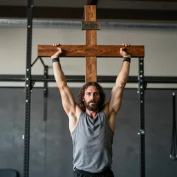 Jesus doing crossfit, with a wooden cross, holy
