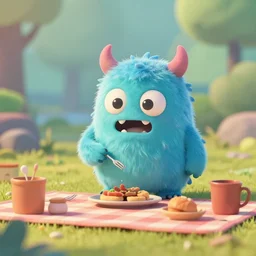 hungry little monster having a picnic. upcoming 3 d animation by an indie studio, rimlighting, depth of field, limited palette.