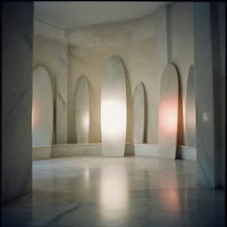 boards of canada inside a marble temple, film photo, soft lighting album cover, nostalgia, gradient, light reflection