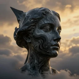 epic, abstract sculpture of beautiful female face and black swirling marbling liquifying acrylic sculpture, clouds, golden hour, beautiful light, 3 d sculpture of carving marble, dark colors, dark mood, one point lightning