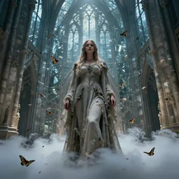 a sorceress woman in tattered robes, in a cloud of moths. standing in a cathedral made of glass. dramatic. cinematic. concept art. 4 k, ultra - high - definition