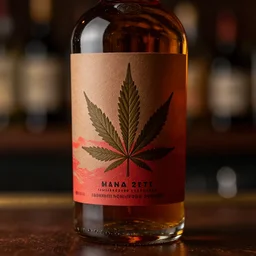whisky bottle label with one cannabis leaf, matte brown red design caustics bar environment bokeh