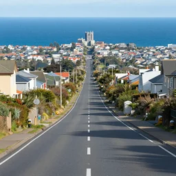 loking down road, infinite houses lining the road, ocean, with the biggest town in the world, telephoto lens compression