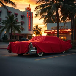 a 1 9 5 7 cadillac on a parking place outside a miami art deco hotel, car is covered with red cloth, real cloth physics, plausible. sunset, crisp, 3 5 mm