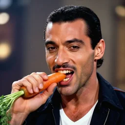 a portrait of freddie mercury nibbling on a carrot with his buck teeth, highly detailed, trending on artstation, bokeh, 9 0 mm, f / 1. 4