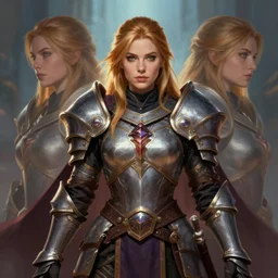 front facing symmetrical centered painted portrait, Imogen Poots as a D&D Paladin, RPG character avatar, Arcane League of Legends concept art, global illumination lighting, trending on artstation