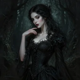portrait of elegant gothic woman, dark and ethereal, expressive pose, peaceful expression, dark gothic dress, fantasy, intricate, dark forest background, highly detailed, digital painting, artstation, concept art, smooth, sharp focus, illustration, art by artgerm and greg rutkowski and alphonse mucha