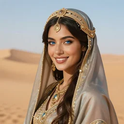 a beautiful arabian woman in the sahara desert by karol bak, ayami kojima, artgerm, arabian beauty, blue eyes, smile, concept art, fantasy