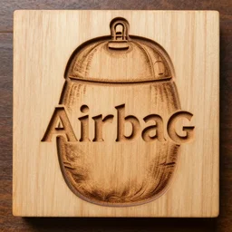 the word airbag engraved on wood, very detailed,