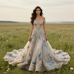 photo of a very beautiful!! woman on intricate dress in an endless heavenly meadow, 8 k, hdr, smooth, sharp focus, high resolution, award - winning photo, trending on artstation, dslr, 5 0 mm