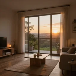 interior of a cozy house, sunset