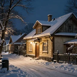 street with cottage inspired by Evgeny Lushpin,winter,nighttime,cinematic,art station