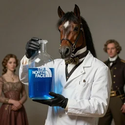 an aristocratic horse dressed as a scientist holds a modern transparent the north face little bottle filled with vivid blue iridescent liquid, art highly detailed, by frank frazetta, keith parkinson and greg rutkowski and aleksandra skiba, concept art,