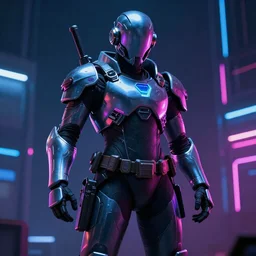neon lit cyberpunk warrior in full body armor
