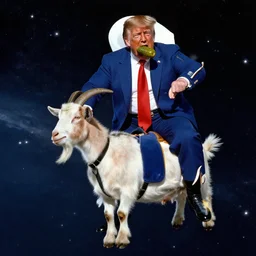 Donald Trump in space riding a goat with a pickle in his mouth